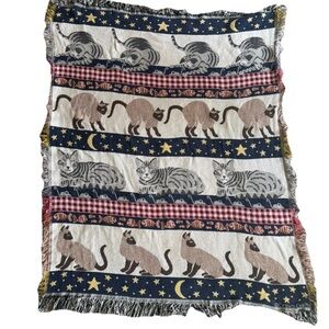 Cat Pattern Woven Throw Blanket - Cream, Navy & Brown